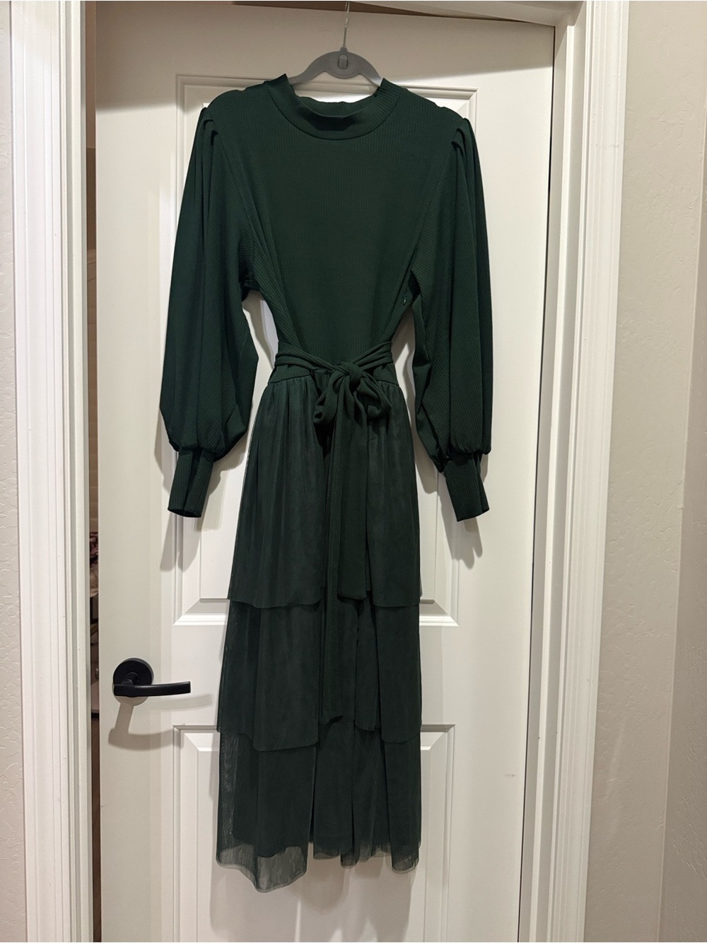 Ivy City Co Dark Green Tiered Maxi Dress with Puff Sleeves - Picture 8 of 10